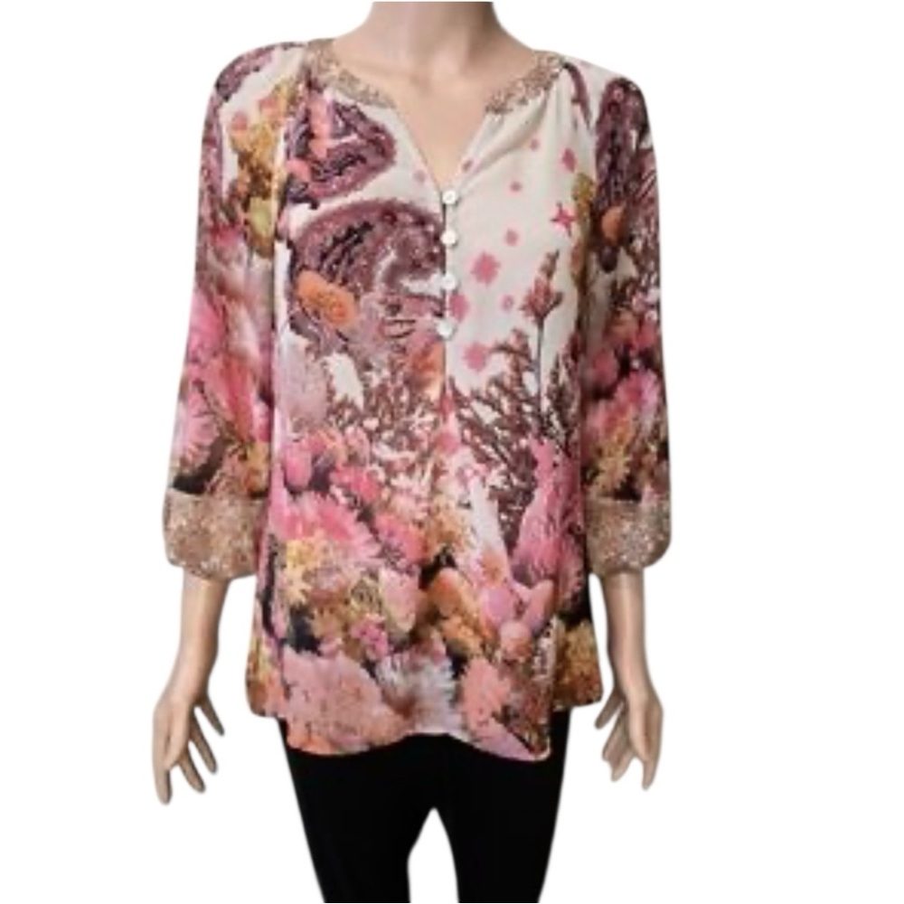 Fig & Flower Boho Pink Cream Floral Blouse Size Small - Picture 14 of 16